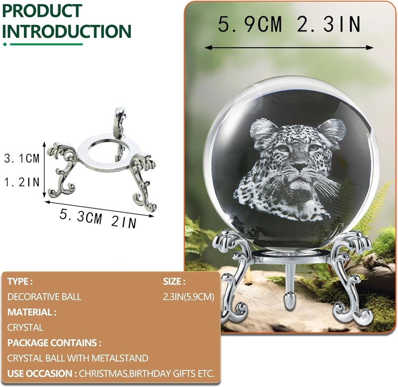 ZEERSHEE 60mm Cheetah Crystal Ball with Stand 3D Laser Engraved Leopard Decorative Glass Sphere Paperweight Gifts for Cheetah Lovers - Image 2